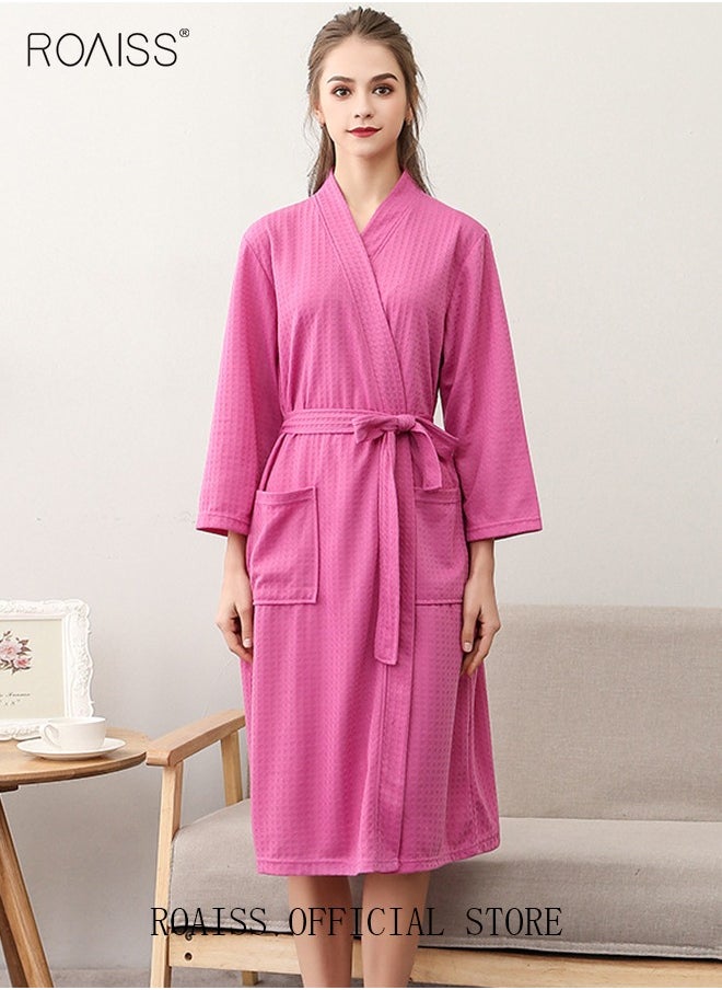 roaiss Women Waffle Kimono Bathrobe Cotton Sleepwear Spa Robe Nightwear Nightgown Women Water Bathrobe Bridesmaid Robes Dressing Gown Autumn Robe Rose Red  - Image 1