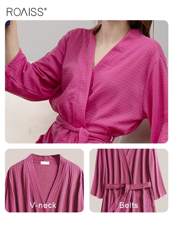 roaiss Women's Waffle Kimono Bathrobe in Rose Red Lightweight Cotton Sleepwear Robe Featuring Classic Kimono Wrap Design, Shawl Collar, and Two Front Patch Pockets Perfect for Spa, Bathing, Bridesmaid Gifts, Soft, Breathable, and Quick-Drying for Everyday Comfort - Image 5