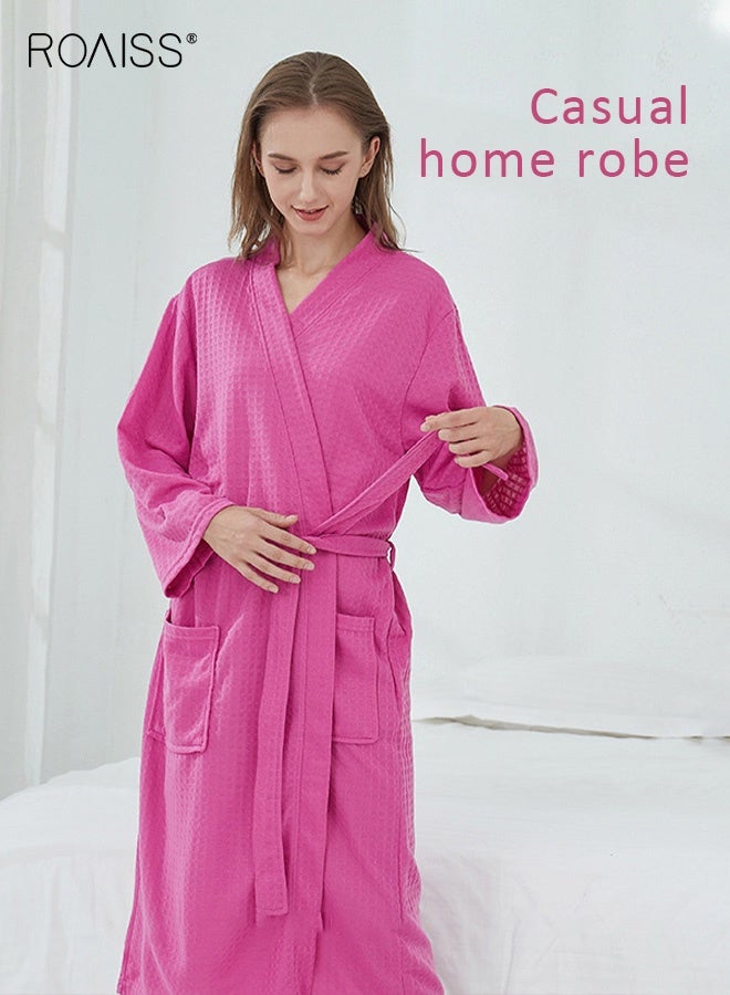 roaiss Women's Waffle Kimono Bathrobe in Rose Red Lightweight Cotton Sleepwear Robe Featuring Classic Kimono Wrap Design, Shawl Collar, and Two Front Patch Pockets Perfect for Spa, Bathing, Bridesmaid Gifts, Soft, Breathable, and Quick-Drying for Everyday Comfort - Image 1
