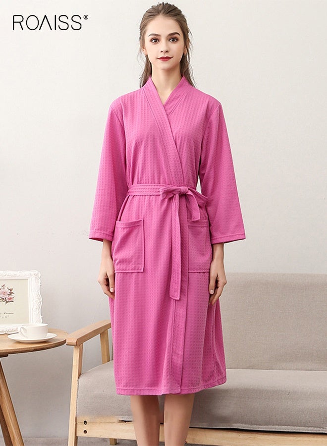 roaiss Women's Waffle Kimono Bathrobe in Rose Red Lightweight Cotton Sleepwear Robe Featuring Classic Kimono Wrap Design, Shawl Collar, and Two Front Patch Pockets Perfect for Spa, Bathing, Bridesmaid Gifts, Soft, Breathable, and Quick-Drying for Everyday Comfort - Image 3