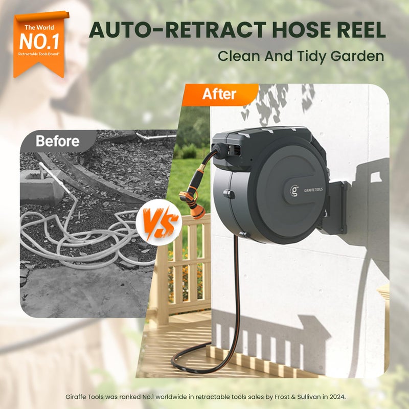 Giraffe Tools Hose Reel 1/2â€˜â€™ 78 ft, Heavy Duty Retractable Garden Hose Reel with Any Length Lock, Slow Return System, Wall Mounted and 180 Deg Swivel Bracket - Image 2