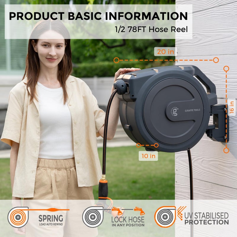 Giraffe Tools Hose Reel 1/2â€˜â€™ 78 ft, Heavy Duty Retractable Garden Hose Reel with Any Length Lock, Slow Return System, Wall Mounted and 180 Deg Swivel Bracket - Image 4