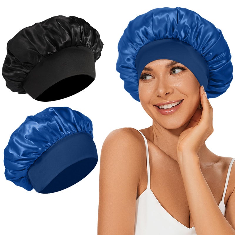 LEADUWAY 2Pcs Satin Bonnets Silk Bonnet for Sleeping Hair Bonnet for Curly Hair(Black&Blue) - Image 1