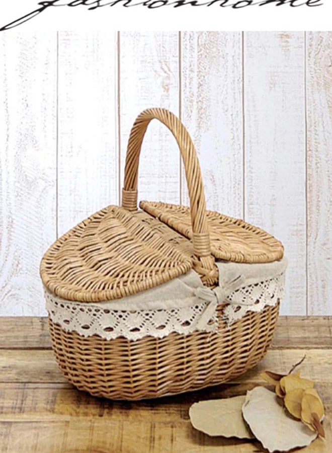 Hand Woven Fruits Rattan Basket with Holder Brown/White 38x28x38cm - Image 2