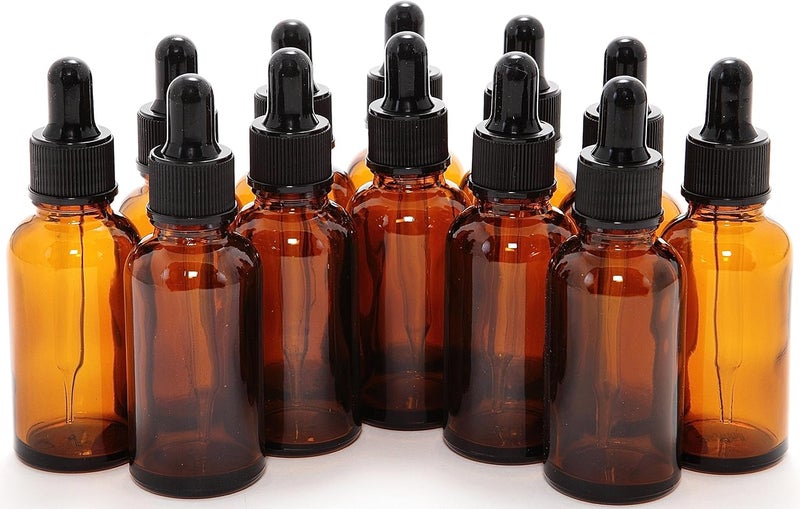 Vivaplex 12 Amber 1 oz Glass Bottles with Glass Eye Droppers - Image 1