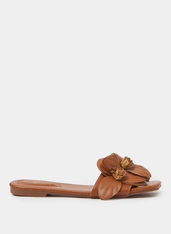 Styli Tan Floral Details Slip On Slides