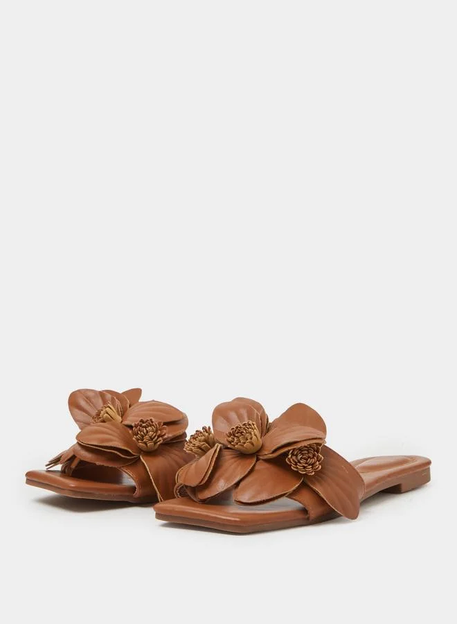 Styli Tan Floral Details Slip On Slides