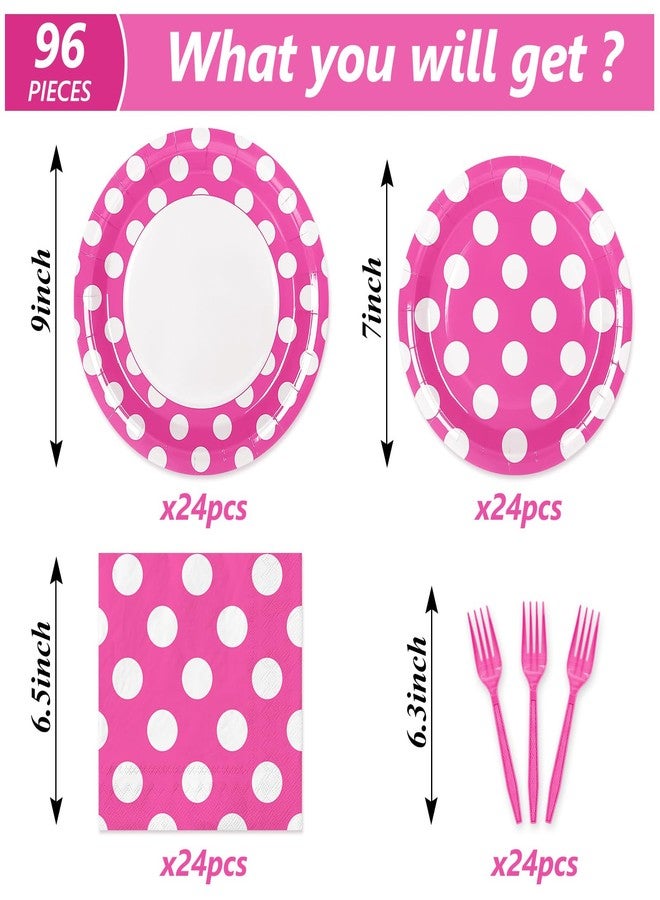 JarThenaAMCS 96Pcs Hot Pink Polka Dot Party Tableware Dotted Disposable Dinnerware Set 48Pcs Paper Plates 24Pcs Dinner Napkins 24Pcs Plastic Forks for 24 Guests Party Supplies Table Decor - Image 2