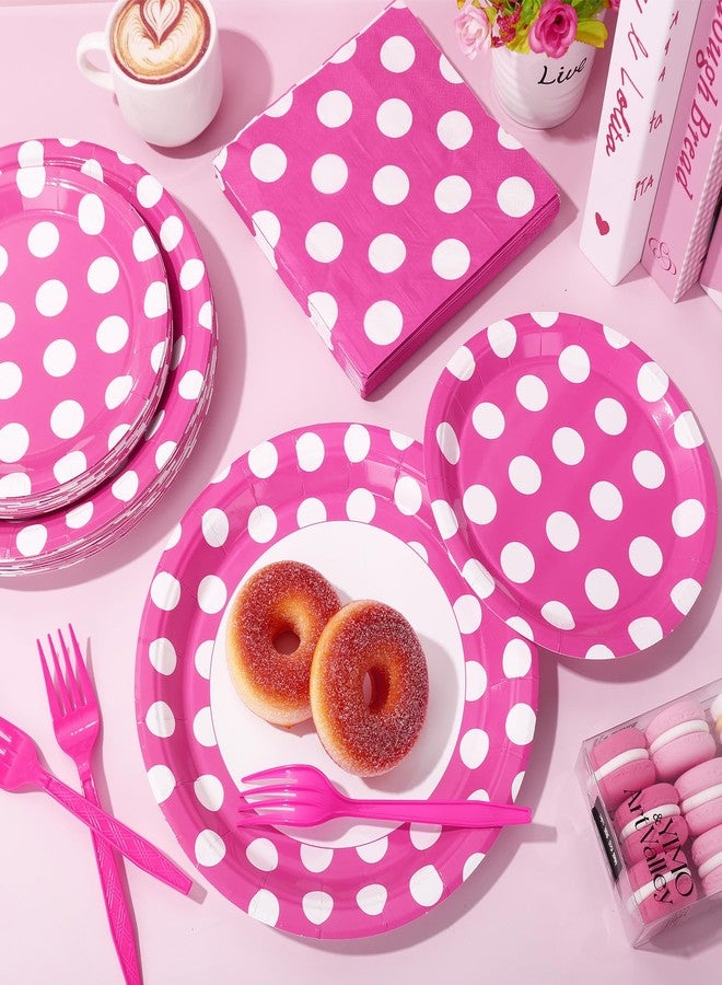 JarThenaAMCS 96Pcs Hot Pink Polka Dot Party Tableware Dotted Disposable Dinnerware Set 48Pcs Paper Plates 24Pcs Dinner Napkins 24Pcs Plastic Forks for 24 Guests Party Supplies Table Decor - Image 5