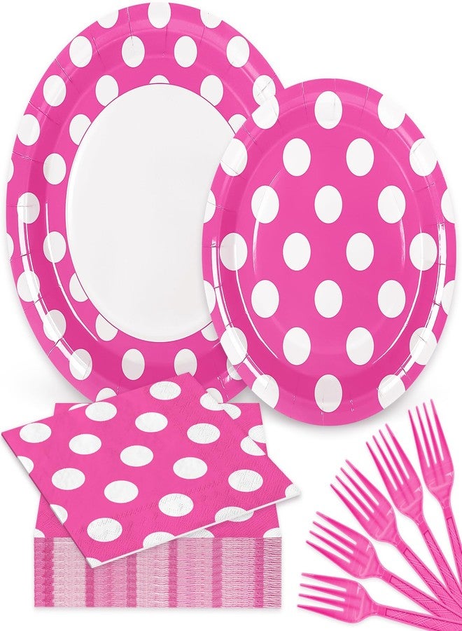 JarThenaAMCS 96Pcs Hot Pink Polka Dot Party Tableware Dotted Disposable Dinnerware Set 48Pcs Paper Plates 24Pcs Dinner Napkins 24Pcs Plastic Forks for 24 Guests Party Supplies Table Decor - Image 1