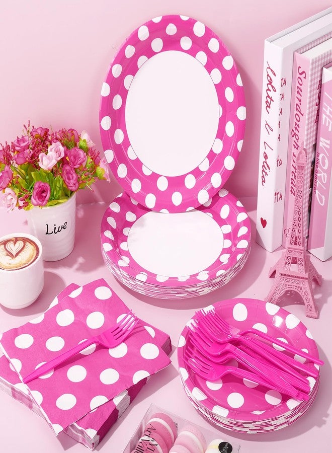 JarThenaAMCS 96Pcs Hot Pink Polka Dot Party Tableware Dotted Disposable Dinnerware Set 48Pcs Paper Plates 24Pcs Dinner Napkins 24Pcs Plastic Forks for 24 Guests Party Supplies Table Decor - Image 3