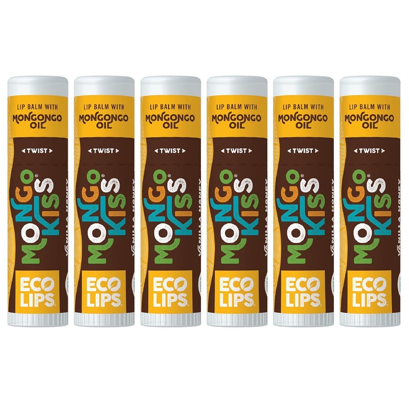 Eco Lips LIP BALM Mongo Kiss 6-Pack (6 tubes) Vanilla Honey by Eco Lips 100% Organic Beeswax & Cocoa Butter Lip Care with Organic Mongongo Oil - Soothe & Moisturize Dry and Cracked Lips - Made in USA