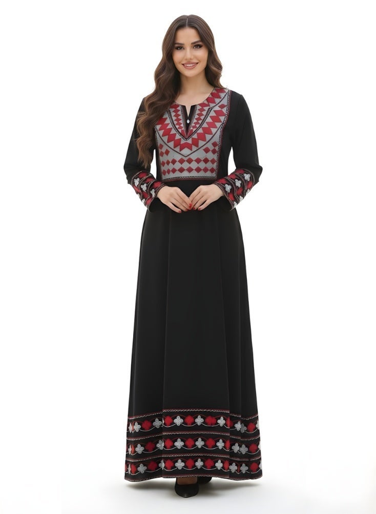 Premium Asiri Tatreez Embroidered Jalabiya Maxi Dress for Women – Traditional Saudi-Inspired Long Dress with Hand-Made Embroidery For Saudi Founding Day - Image 1