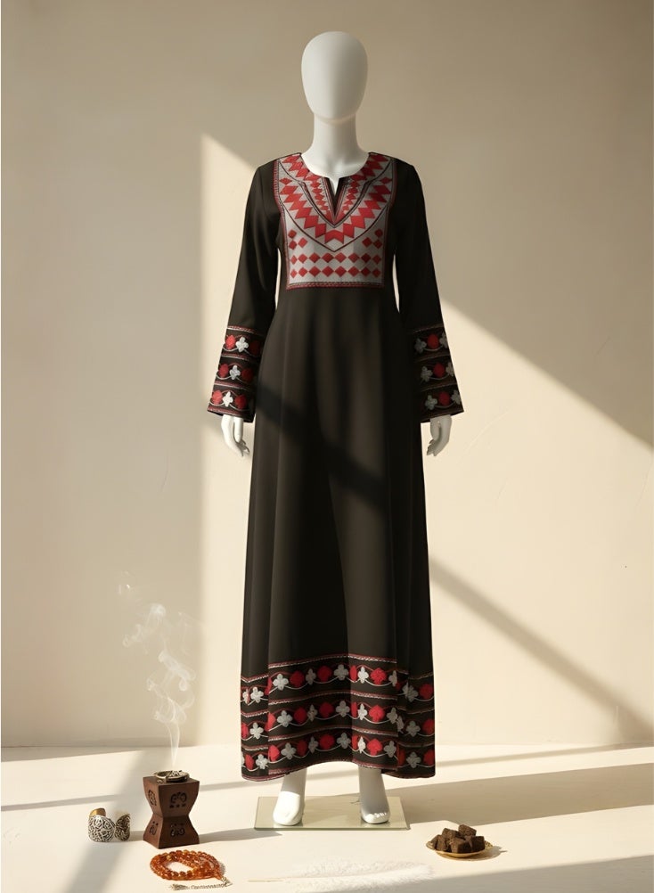 Premium Asiri Tatreez Embroidered Jalabiya Maxi Dress for Women – Traditional Saudi-Inspired Long Dress with Hand-Made Embroidery For Saudi Founding Day - Image 4