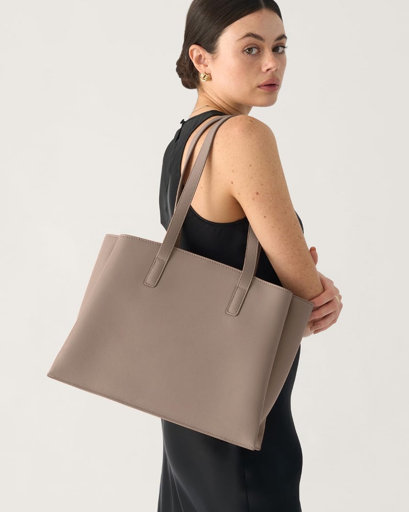 Apryl Work Tote Bags for Women 14 Inch - Work Bag Laptop Bag with Zip Compartments - Large PU Leather Office Purse Computer Briefcase - Taupe - Image 2
