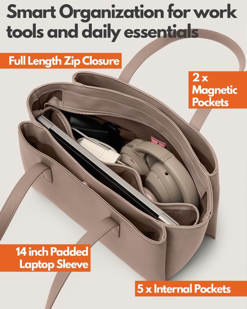 Apryl Work Tote Bags for Women 14 Inch - Work Bag Laptop Bag with Zip Compartments - Large PU Leather Office Purse Computer Briefcase - Taupe - Image 4