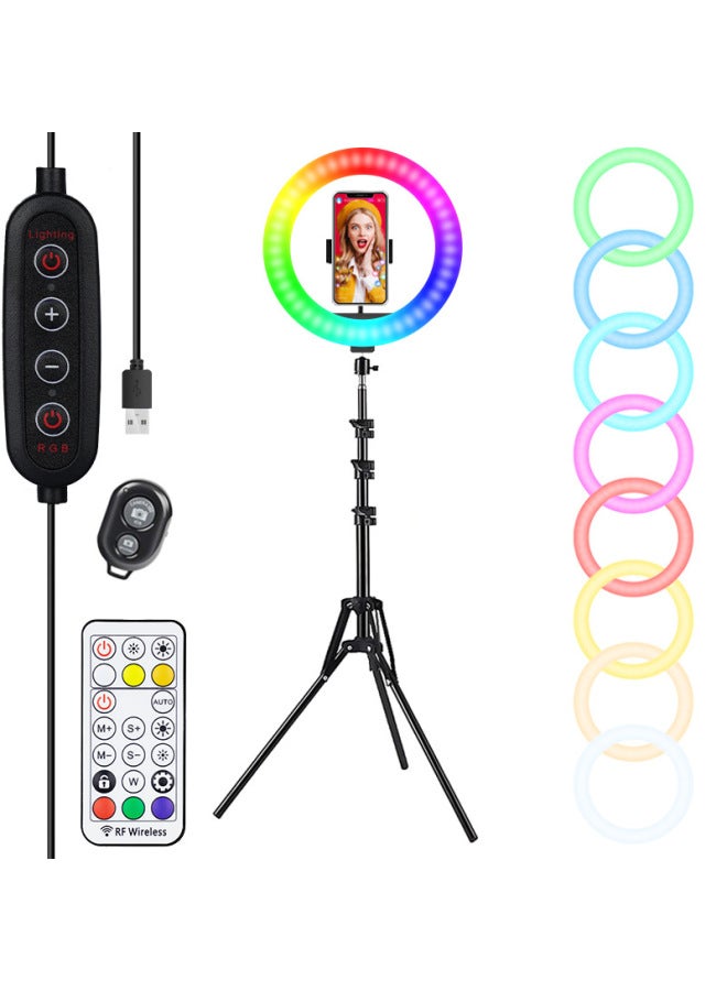 10 بوصة RGB ملون حلقة ضوء MJ26 لايف ملء ضوء التصوير الفوتوغرافي لايف الجمال صورة شخصية Ringlight اللون: 10 بوصة 1.6 متر حامل ثلاثي مضاد للطي وجهاز تحكم عن بعد بلوتوث - Image 1