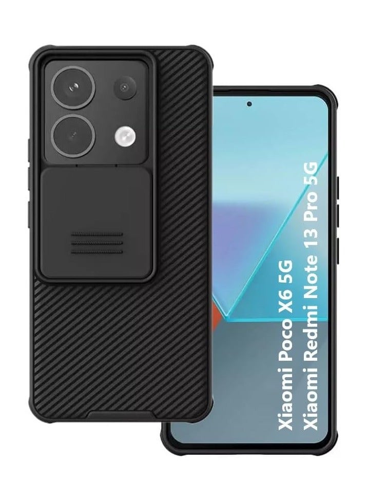 Nillkin Luxury Slide Cover Camera Protection Case for Xiaomi Poco X6 / Redmi Note 13 Pro 5G Soft TPU Edge PC Hard Back Cover CamShield Pro Phone Case for Poco X6 5G / Redmi Note 13 Pro 5G Black