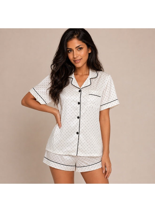 Women's Polka Dot Satin-Like Pajama Set - Short Sleeve Button Shirt & Shorts Sleepwear - Image 1