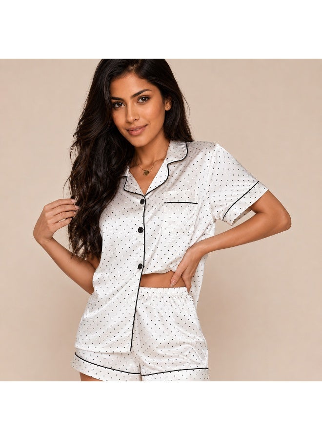 Women's Polka Dot Satin-Like Pajama Set - Short Sleeve Button Shirt & Shorts Sleepwear - Image 2