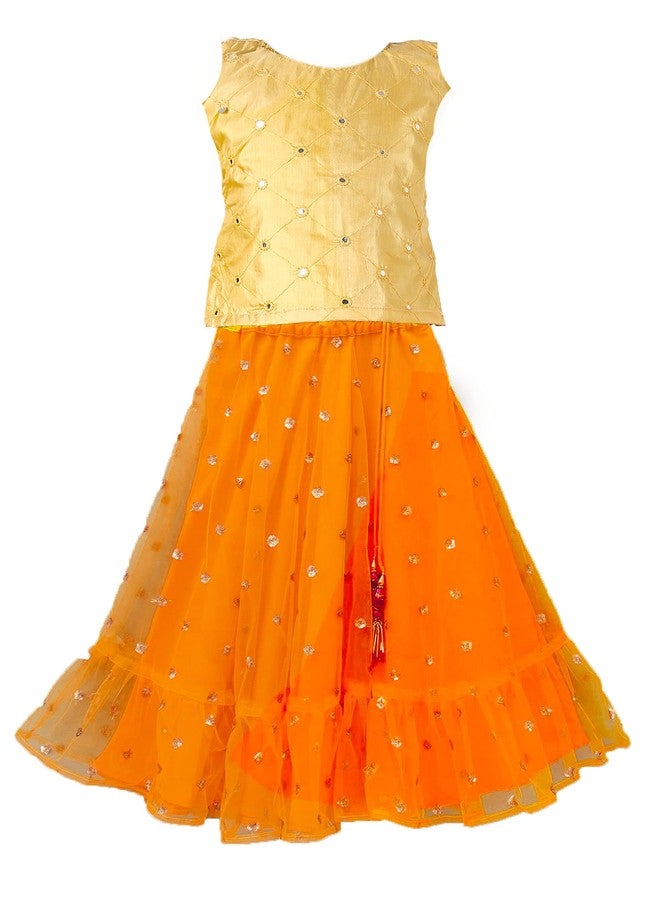 HIBA Kids Baby Girl's Net Sequence booti Readymade Lehenga Choli golden top and orange bottom New Born Baby - Image 1