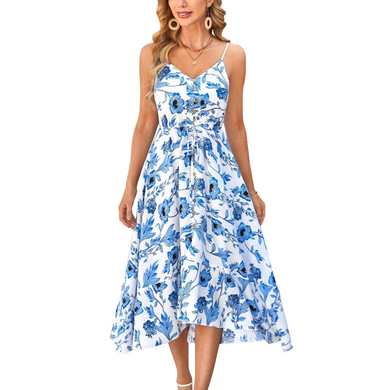 BROVAVE Women's 2026 Summer Casual Boho Sundress Polka Dot Spaghetti Strap V Neck Flowy Midi Dresses(008 White Blue Floral, Small) - Image 1