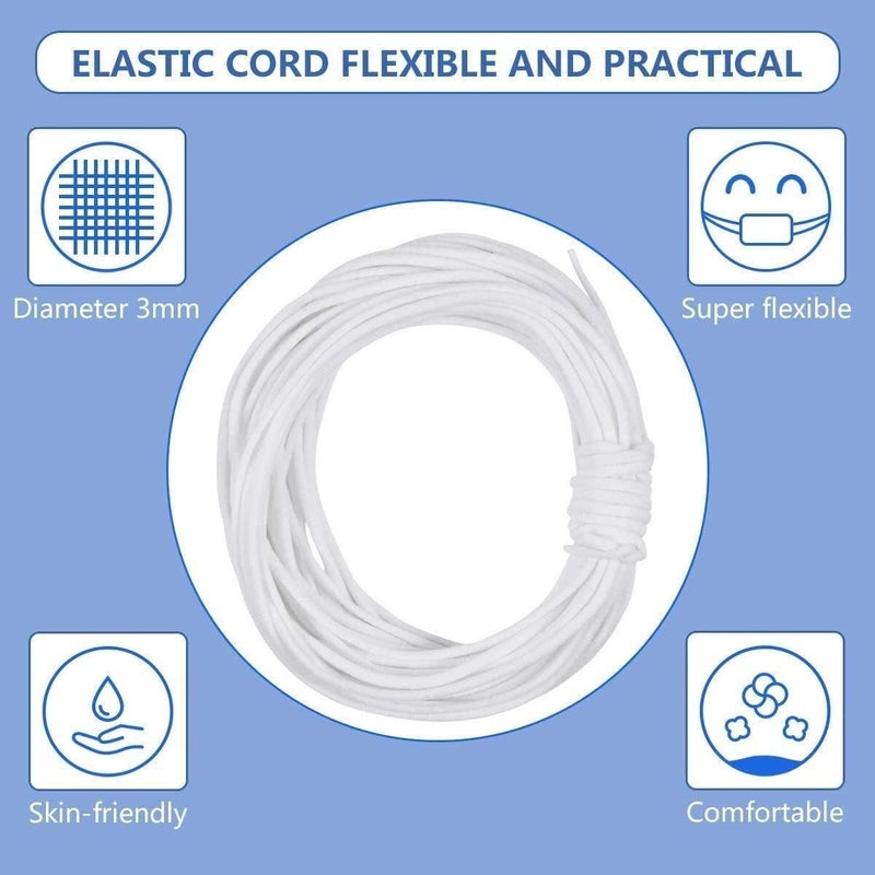Aakriti Elastic Cord Round Stretchy Ear Loop Strap String Sewing for Comfortable Ear Tie Handmade Rope for Crafts DIY Mask Making White 3mm Length 200Meter