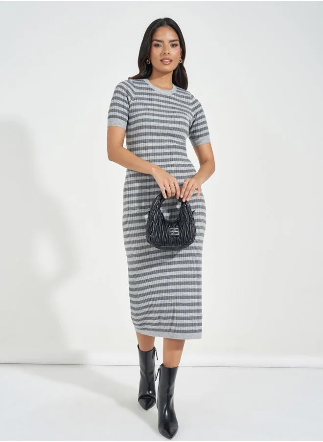 Styli Striped Knit Sweater Midi Dress