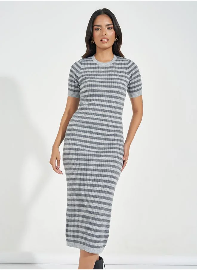 Styli Striped Knit Sweater Midi Dress