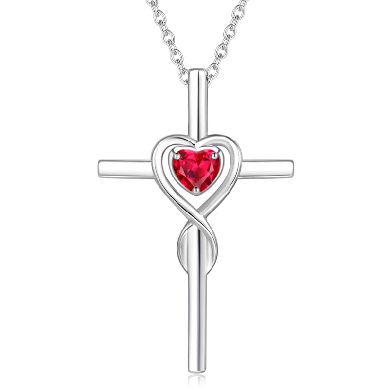 FANCIME Ruby Cross Necklace For Women Sterling Silver Birthstone Necklace Ruby Infinity Heart Cross Pendant July Birthstone Jewelry Gifts Valentines Day Gifts for Women - Image 1