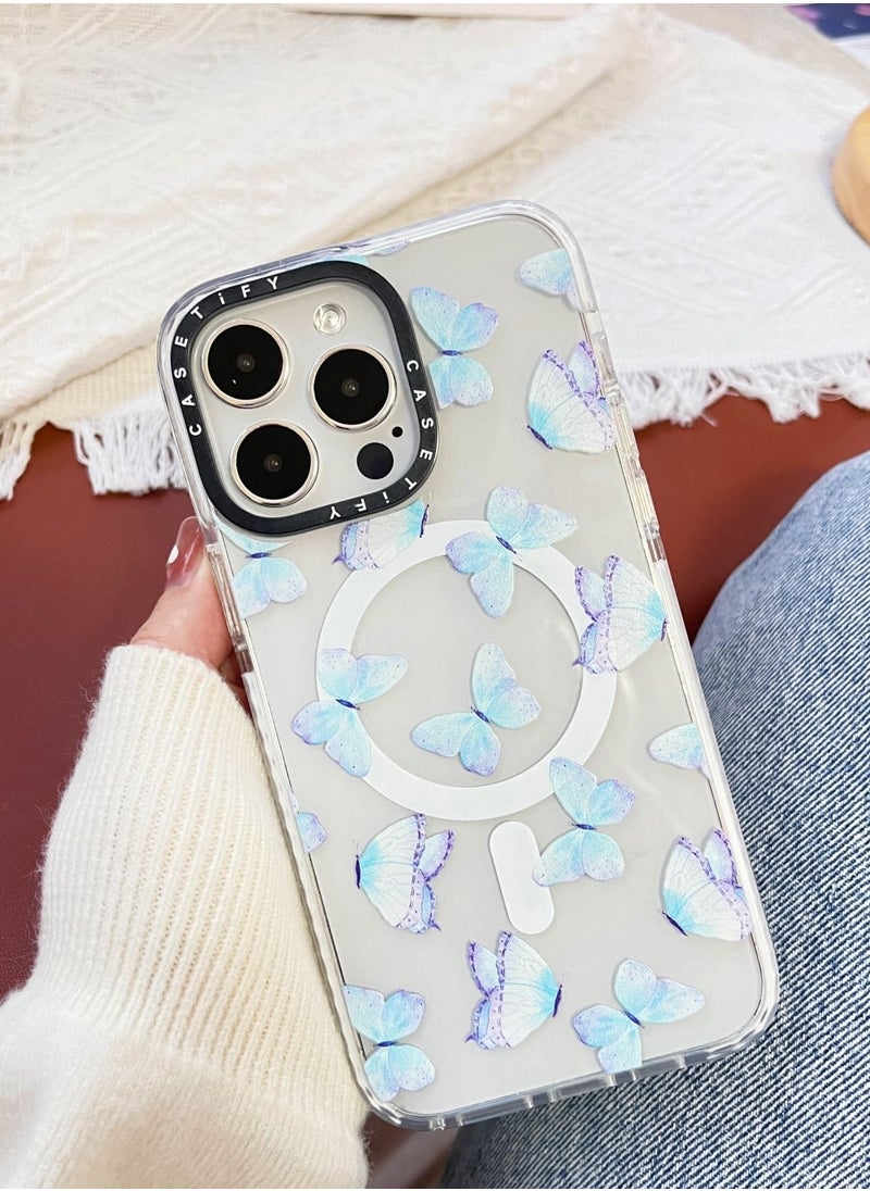 Casetify - For iPhone 13 Pro Max Case Lilac Aqua Blue Watercolor Hand Painted Butterfly Case Magnetic Magsafe MagFit Anti-Yellowing Technology Cover - Image 1