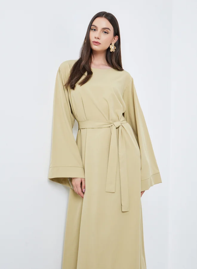 تايك تو Take Two Solid Long Sleeve Belted Abaya
