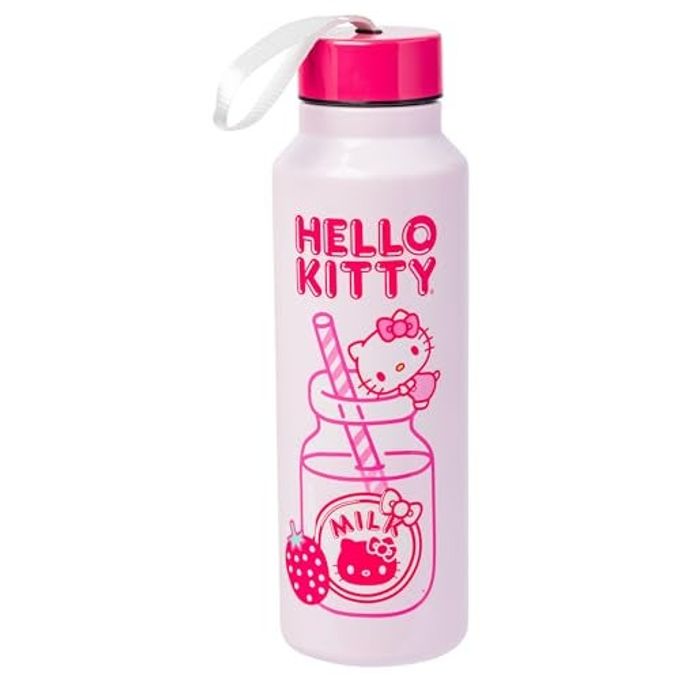 Silver Buffalo Hello Kitty Kawaii Strawberry Milk Pink Stainless Steel Water Bottle with Strap, 27 Ounces - Image 1