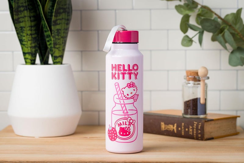 Silver Buffalo Hello Kitty Kawaii Strawberry Milk Pink Stainless Steel Water Bottle with Strap, 27 Ounces - Image 2