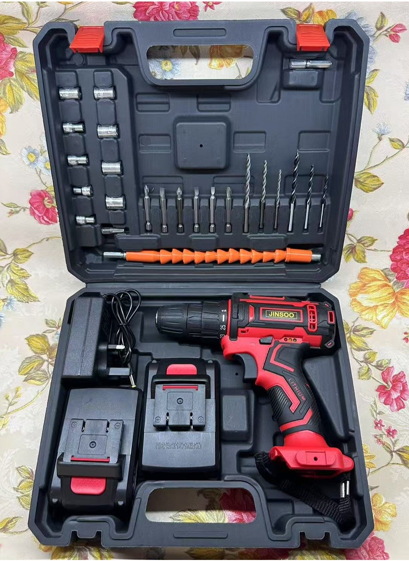 JINSOO JINSOO 21v rechargeable electric drill, 3/8-inch electric drill with lithium battery and charger set, 25-speed adjustable electric drill, 24-piece multi-accessory electric drill set  - Image 1