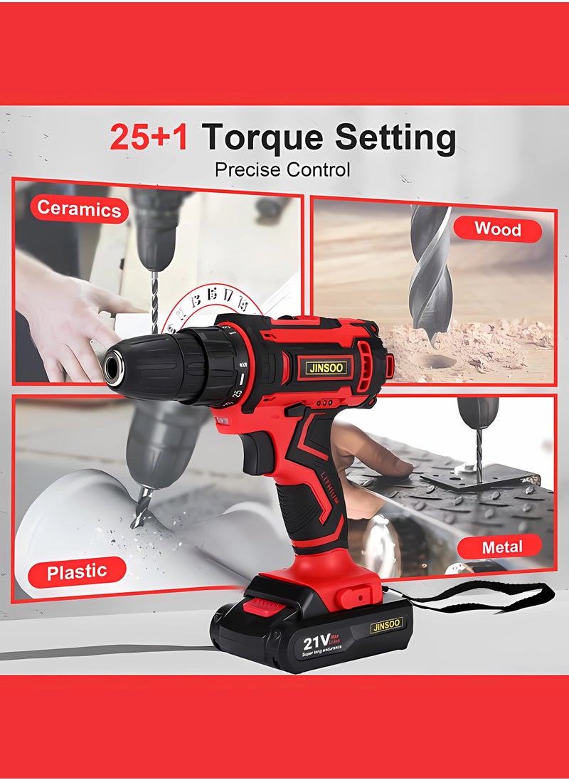 JINSOO JINSOO 21v rechargeable electric drill, 3/8-inch electric drill with lithium battery and charger set, 25-speed adjustable electric drill, 24-piece multi-accessory electric drill set  - Image 2