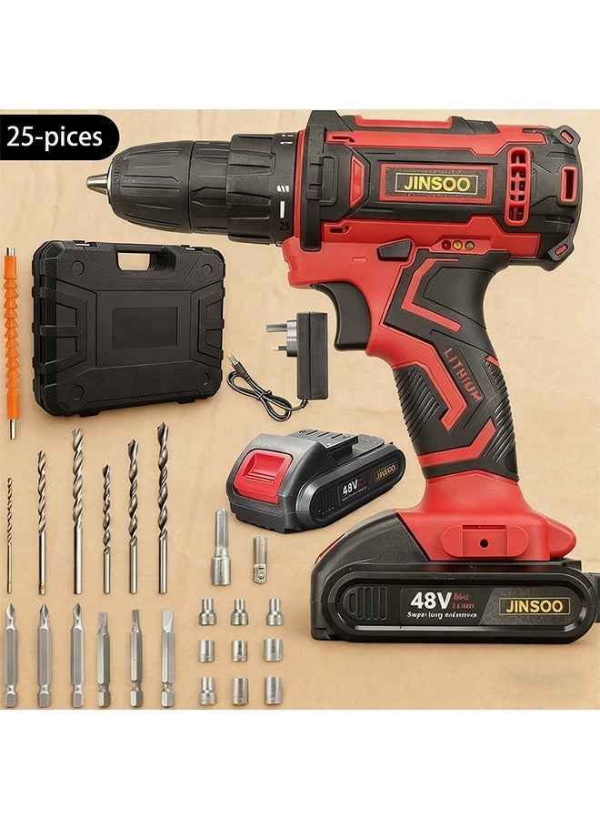 JINSOO 48V 25-speed adjustable lithium-ion cordless electric drill kit, including 2 batteries, 1 charger, 24 multi-functional drill bits and 1 storage box. - Image 1