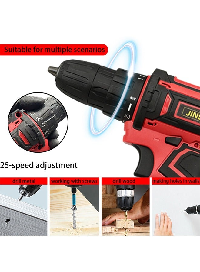 JINSOO 48V 25-speed adjustable lithium-ion cordless electric drill kit, including 2 batteries, 1 charger, 24 multi-functional drill bits and 1 storage box. - Image 4