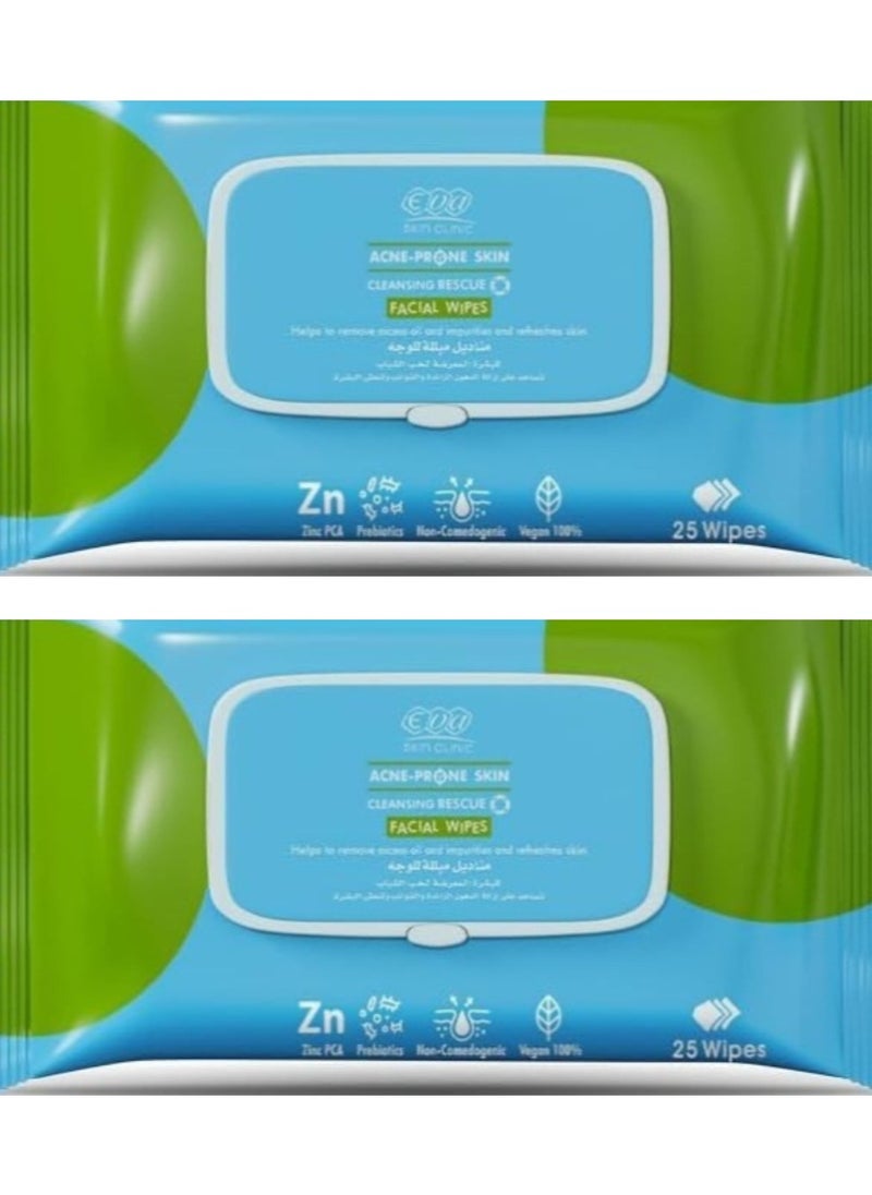 Eva 2 pieces of Eva Skin Clinic Facial Wipes for Acne Prone Skin 2 x 25 Wipes  - Image 1