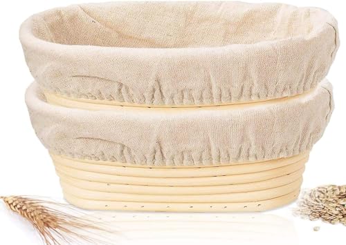 Sthrucrack 2 Pcs Banneton Bread Proofing Baskets, 25cm Oval Sourdough Proofing Basket with Linen Cloth Liner for Artisan Bread Making for Professional and Home Bakers - Image 1