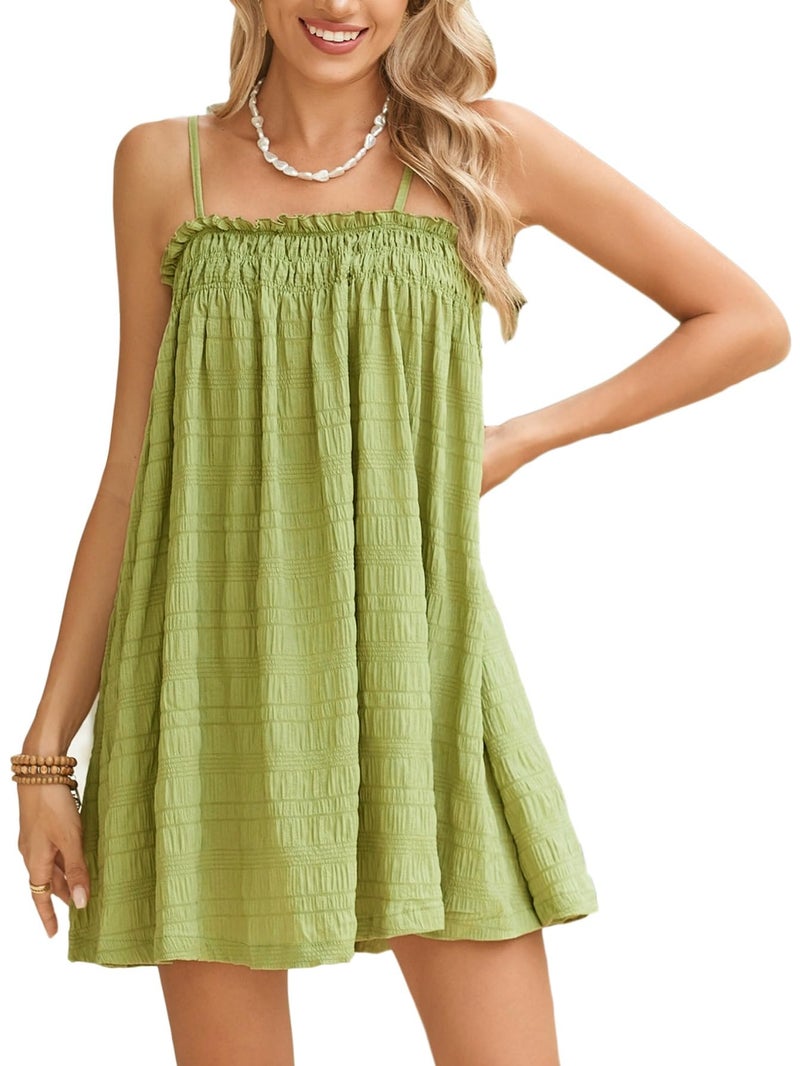 MakeMeChic Women's Summer Cami Dress Sundresses Sleeveless Ruffle Swing Shirred Casual Flowy Vacation Mini Dress Lime Green Medium - Image 1