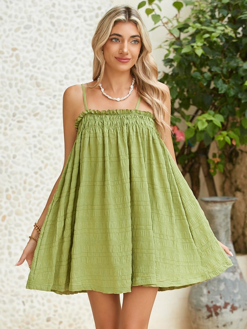 MakeMeChic Women's Summer Cami Dress Sundresses Sleeveless Ruffle Swing Shirred Casual Flowy Vacation Mini Dress Lime Green Medium - Image 5