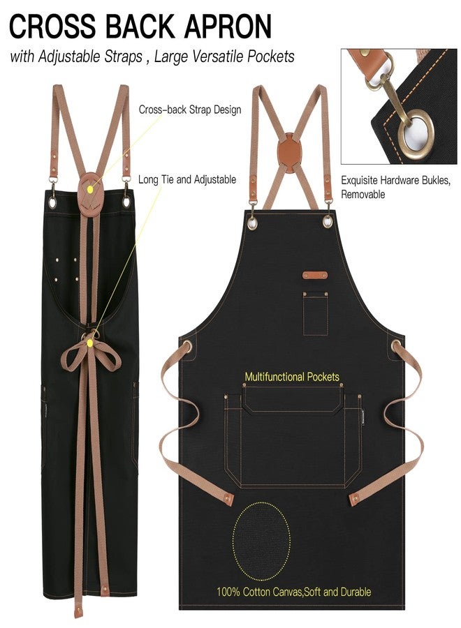 Genixart Chef Apron for Men Women with Gift Box Pack, Cross Back Apron with Pockets for Kitchen Cooking Baking Artist Painting, Cotton Canvas Work Aprons for Shop, Garden, Restaurant, Cafe (Black) - Image 3