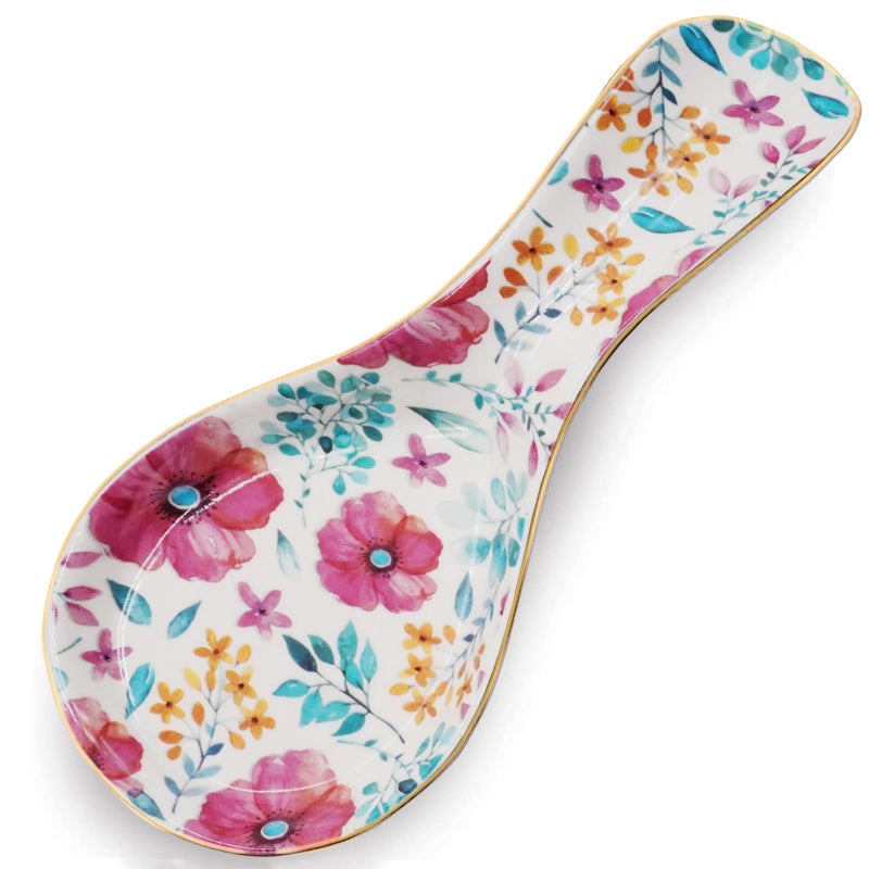 LEAZUL Ceramic Spoon Rest for Stove Top Kitchen Counter Large Spoon Holder Farmhouse Floral Flowers Print Coffee Spoon Cooking Utensil Tools Rest Modern Kitchen Decor - Image 1