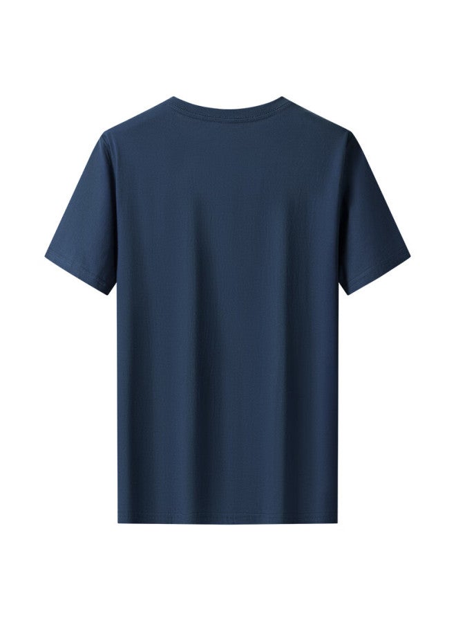 Limeng Uni Solid Color 180g Cotton Short Sleeve T-shirt Loose Round Neck Wide T-shirt Base Shirt Navy Blue M - Image 1