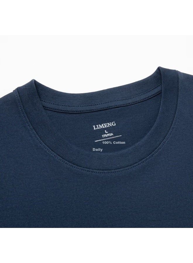 Limeng Uni Solid Color 180g Cotton Short Sleeve T-shirt Loose Round Neck Wide T-shirt Base Shirt Navy Blue M - Image 2