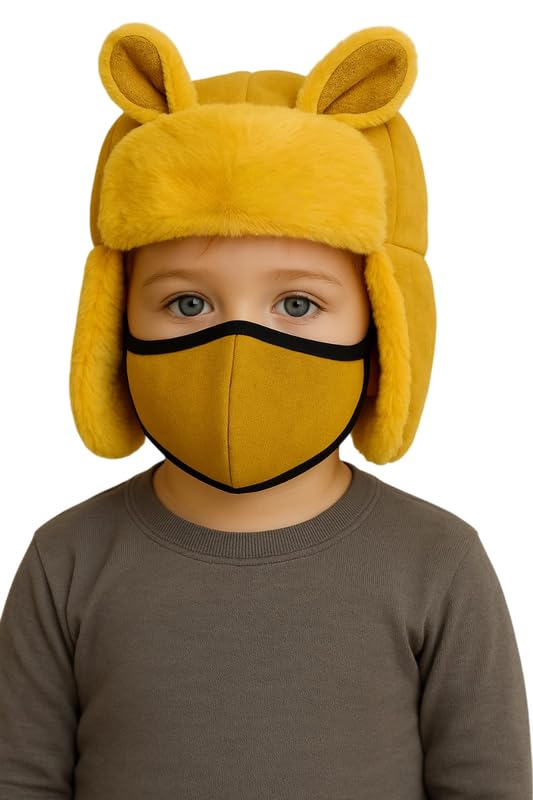 Krystle Unisex Kids Woolen Cap – Hand-Knitted Warm Winter Hat with Ear Flaps (Yellow,5-10 Years) - Image 1