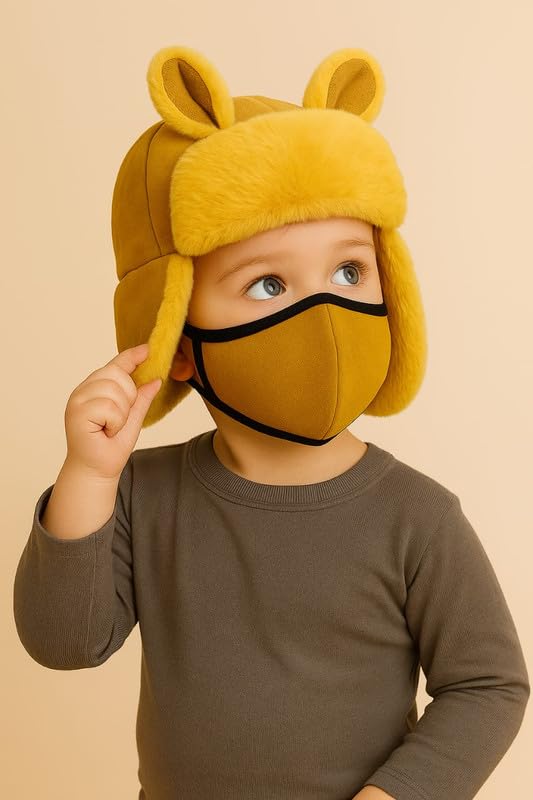 Krystle Unisex Kids Woolen Cap – Hand-Knitted Warm Winter Hat with Ear Flaps (Yellow,5-10 Years) - Image 3