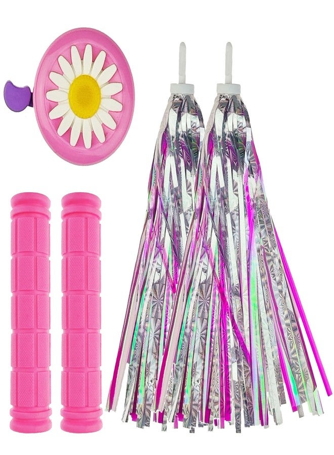 Zelerdo 1 Pair Bicycle Bike Handlebar Scooter Streamers,1 Pack Bike Bell and 1 Pair Bicycle Bike Grips (Pink Bell) - Image 1