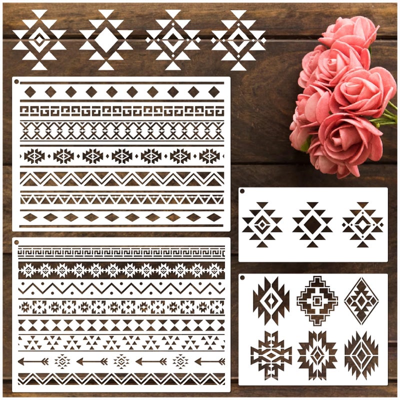yhslmh Tribal Geometric Stencils for Painting on Wood Furniture Wall Reusable Canvas Aztec Stencil for Crafts Kids Boho Drawing Card Making Pattern Decorative Aztec